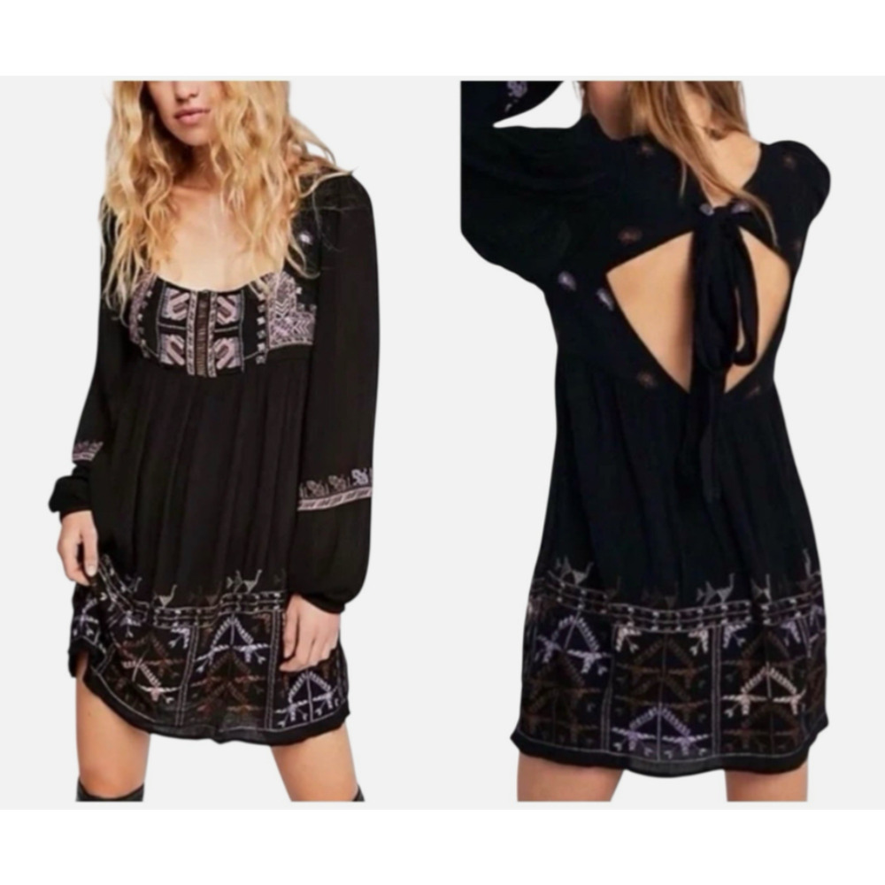 FREE PEOPLE Rhiannon Embroidered Tunic Mini Dress Women S Black Square Neck A9